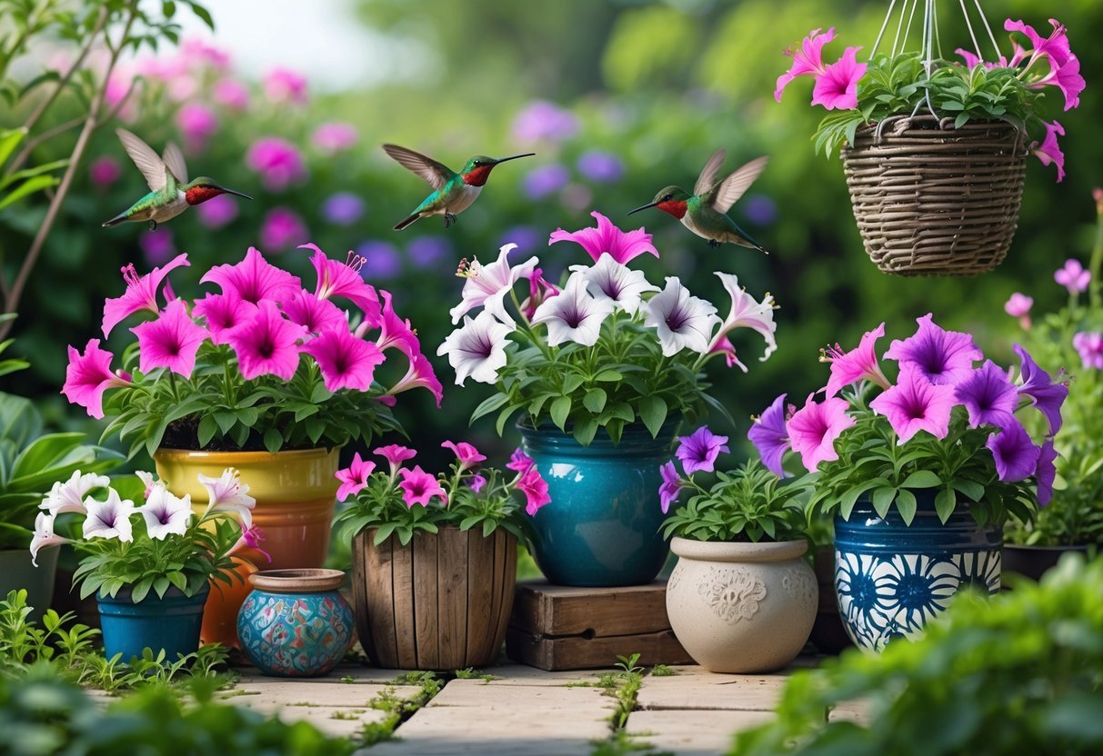 15+ Garden Ideas for Attracting Hummingbirds: Proven Tips to Transform Your US Backyard 16 Containers filled with blooming petunias in a garden with hummingbirds feeding from the flowers.
