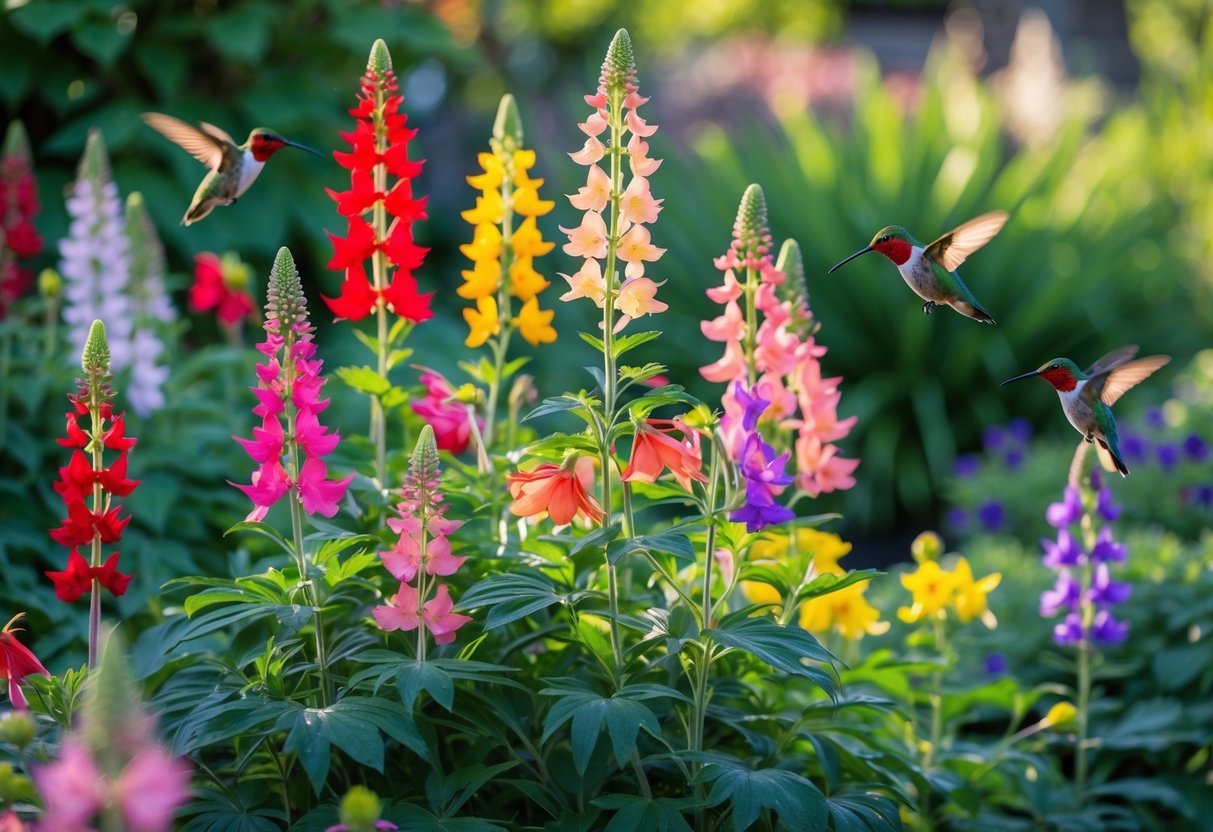 15+ Garden Ideas for Attracting Hummingbirds: Proven Tips to Transform Your US Backyard 17 A garden with colorful columbine flowers and hummingbirds feeding from the blossoms in natural sunlight.