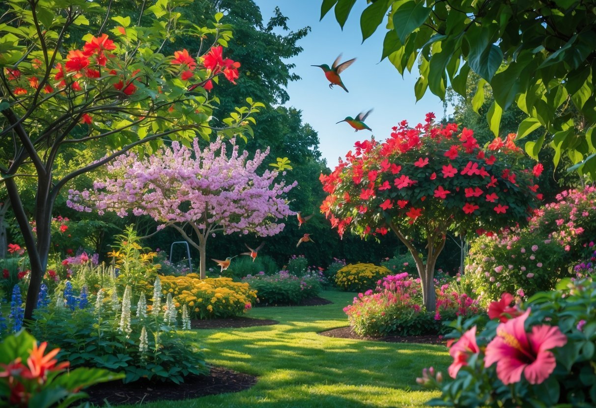 15+ Garden Ideas for Attracting Hummingbirds: Proven Tips to Transform Your US Backyard 18 A garden with flowering trees and hummingbirds feeding on colorful blossoms under sunlight.
