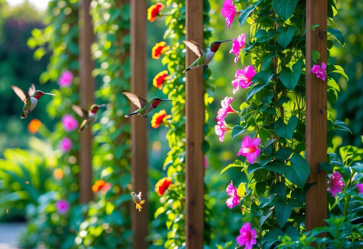 15+ Garden Ideas for Attracting Hummingbirds: Proven Tips to Transform Your US Backyard 19 A garden with vertical trellises covered in flowering vines and hummingbirds feeding on the flowers.