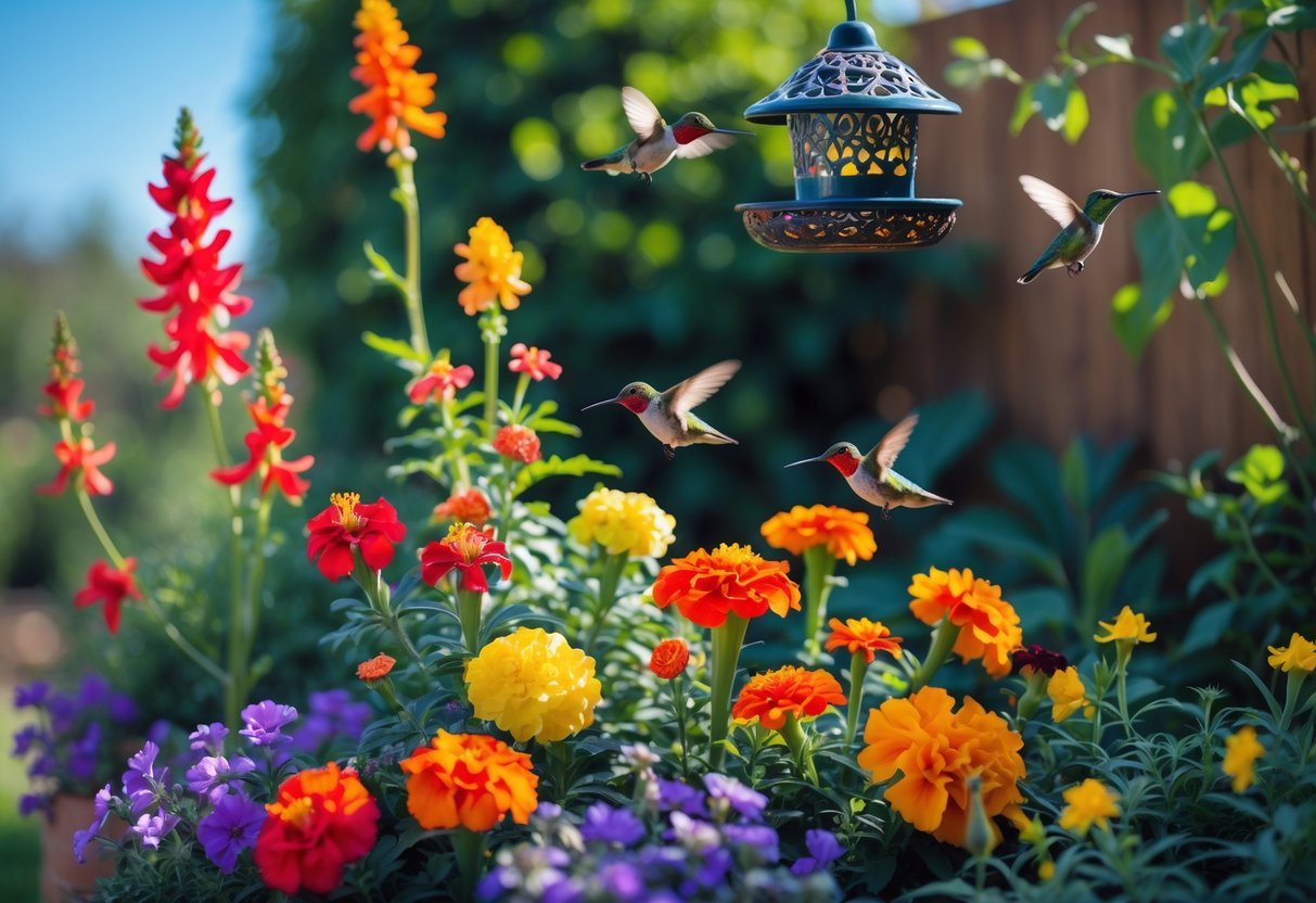 15+ Garden Ideas for Attracting Hummingbirds: Proven Tips to Transform Your US Backyard 20 A sunny garden area with colorful flowers and hummingbirds feeding near a hanging feeder.