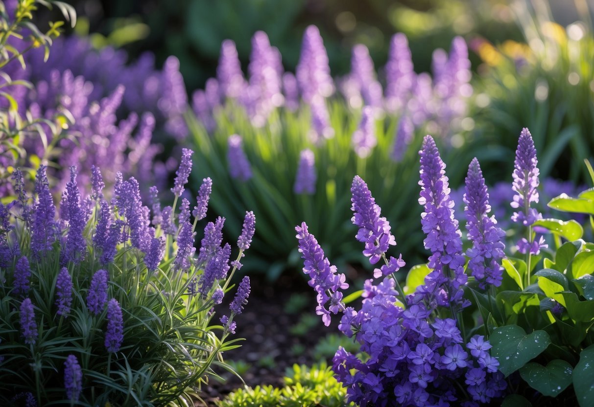 18+ Purple Flower Garden Ideas: Stunning Plants to Transform Your Outdoor Space 2 A garden filled with various purple flowers and green plants under natural sunlight.