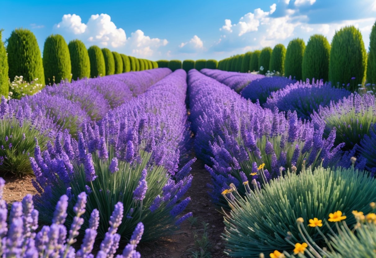 18+ Purple Flower Garden Ideas: Stunning Plants to Transform Your Outdoor Space 3 A vibrant garden filled with rows of purple lavender flowers under a clear blue sky.