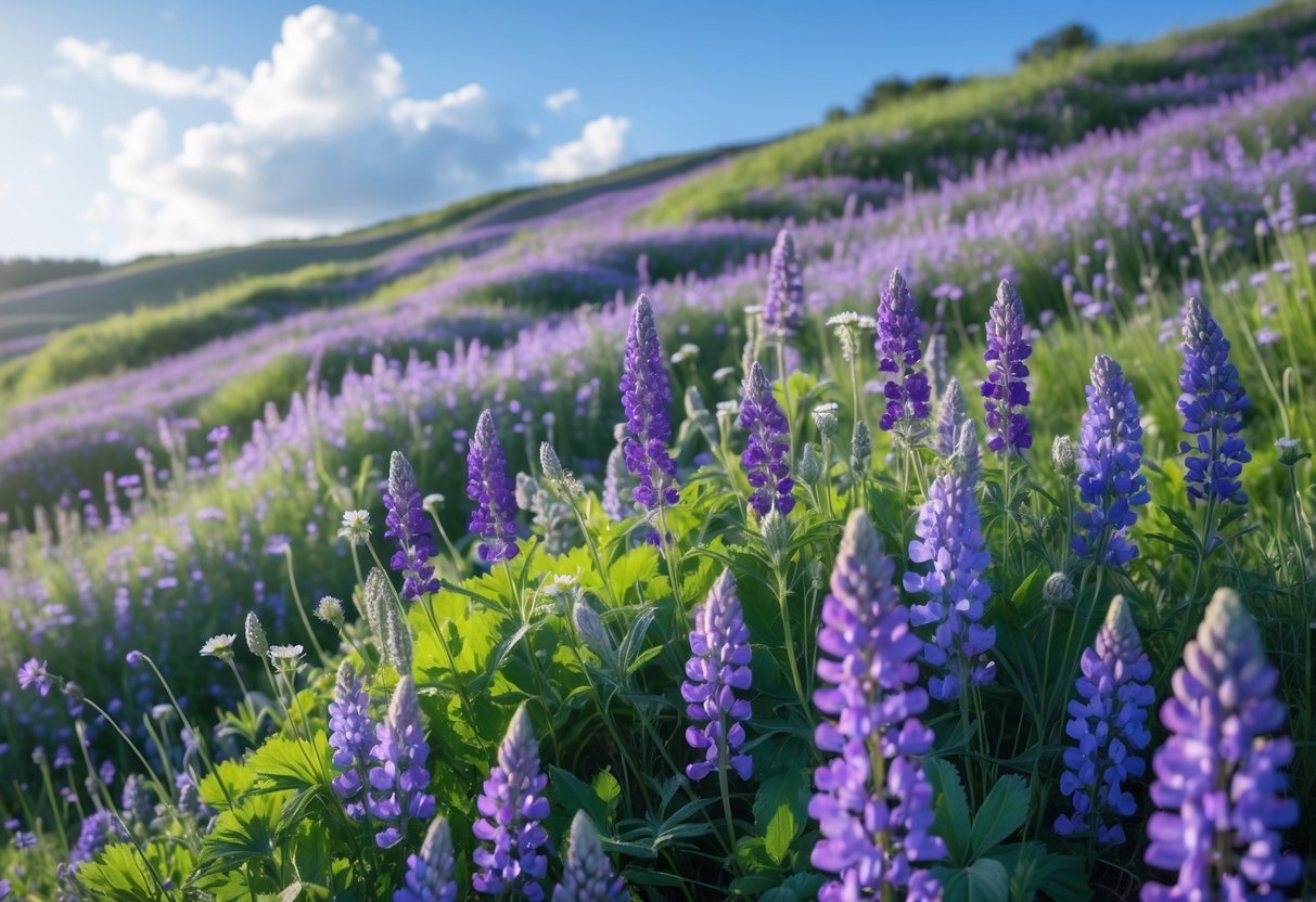 18+ Purple Flower Garden Ideas: Stunning Plants to Transform Your Outdoor Space 4 A meadow filled with various purple wildflowers under a clear blue sky.