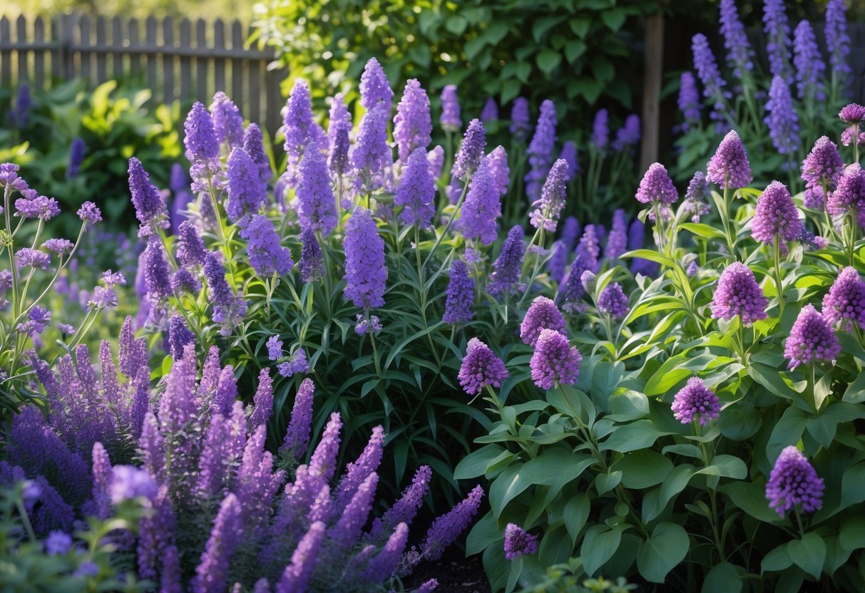 18+ Purple Flower Garden Ideas: Stunning Plants to Transform Your Outdoor Space 5 A garden filled with various purple flowers and green plants under soft sunlight.