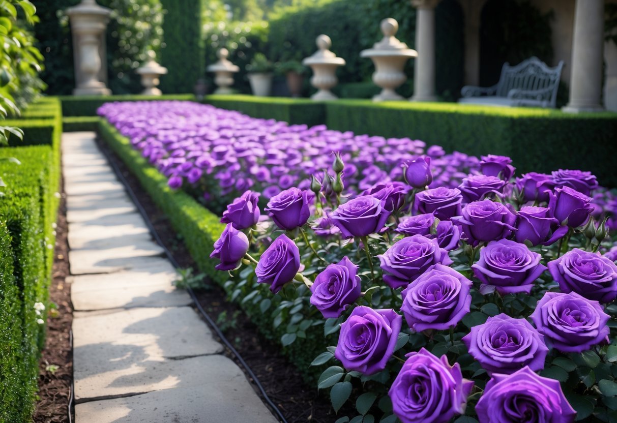 18+ Purple Flower Garden Ideas: Stunning Plants to Transform Your Outdoor Space 6 A formal garden with rows of blooming purple roses, green hedges, stone walkways, and garden benches.
