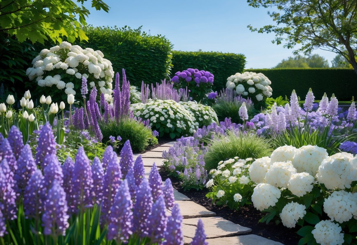 18+ Purple Flower Garden Ideas: Stunning Plants to Transform Your Outdoor Space 7 A garden with purple and white flowers arranged in beds alongside a stone pathway under a clear blue sky.
