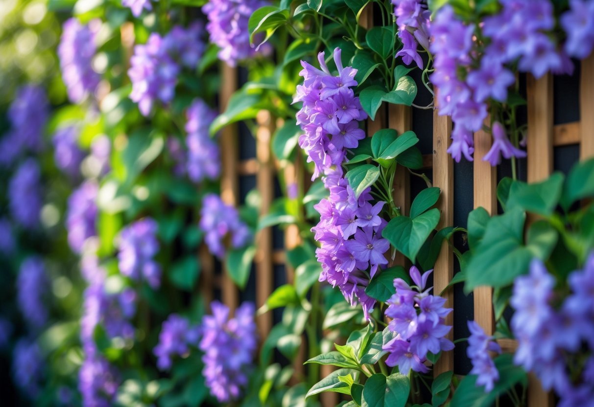 18+ Purple Flower Garden Ideas: Stunning Plants to Transform Your Outdoor Space 8 A vertical garden with purple climbing flowers growing on a wooden trellis in an outdoor setting.