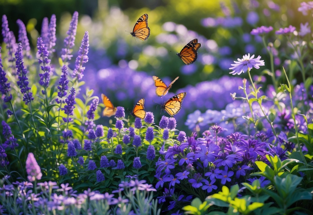 18+ Purple Flower Garden Ideas: Stunning Plants to Transform Your Outdoor Space 9 A garden filled with blooming purple flowers and several butterflies flying among them.