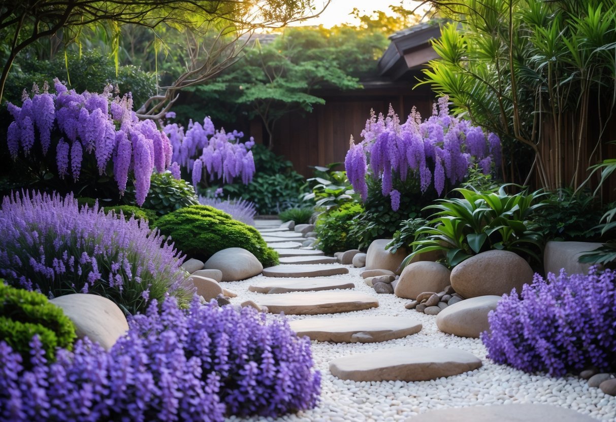18+ Purple Flower Garden Ideas: Stunning Plants to Transform Your Outdoor Space 10 A peaceful zen garden with white gravel, smooth stones, green plants, and clusters of purple flowers.