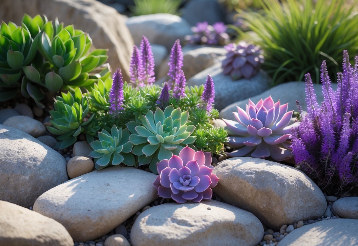 18+ Purple Flower Garden Ideas: Stunning Plants to Transform Your Outdoor Space 11 A rock garden with purple succulents and purple flowers among natural stones and green plants.