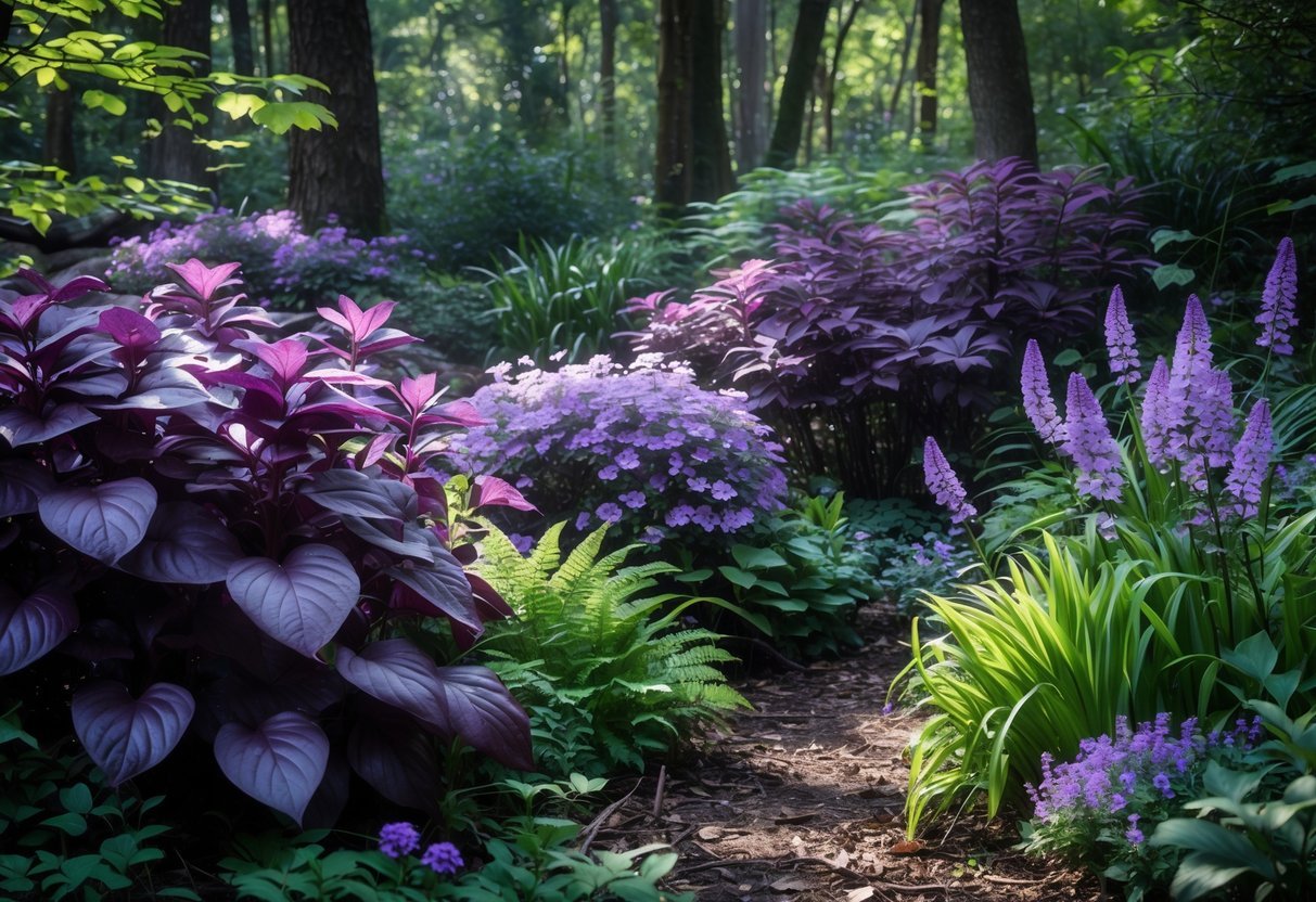 18+ Purple Flower Garden Ideas: Stunning Plants to Transform Your Outdoor Space 12 A shaded woodland garden filled with purple leaves and purple flowers under tall trees with sunlight filtering through.