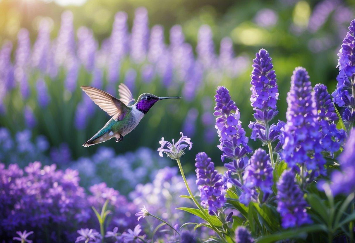 18+ Purple Flower Garden Ideas: Stunning Plants to Transform Your Outdoor Space 13 A purple hummingbird hovering near purple flowers in a vibrant flower garden.