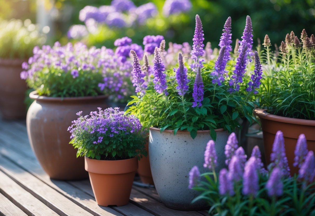 18+ Purple Flower Garden Ideas: Stunning Plants to Transform Your Outdoor Space 14 A container garden with various purple flowers in different pots arranged on a wooden surface.