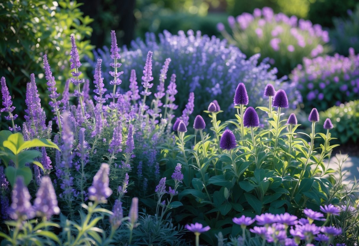 18+ Purple Flower Garden Ideas: Stunning Plants to Transform Your Outdoor Space 15 A vibrant garden filled with various purple flowers and green foliage under natural sunlight.