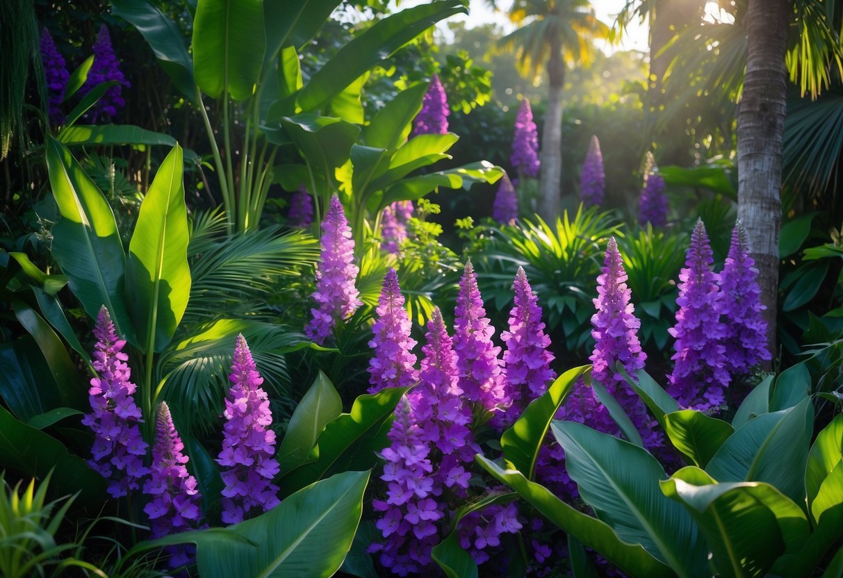 18+ Purple Flower Garden Ideas: Stunning Plants to Transform Your Outdoor Space 16 A tropical garden with vibrant purple flowers surrounded by lush green foliage and tropical plants.