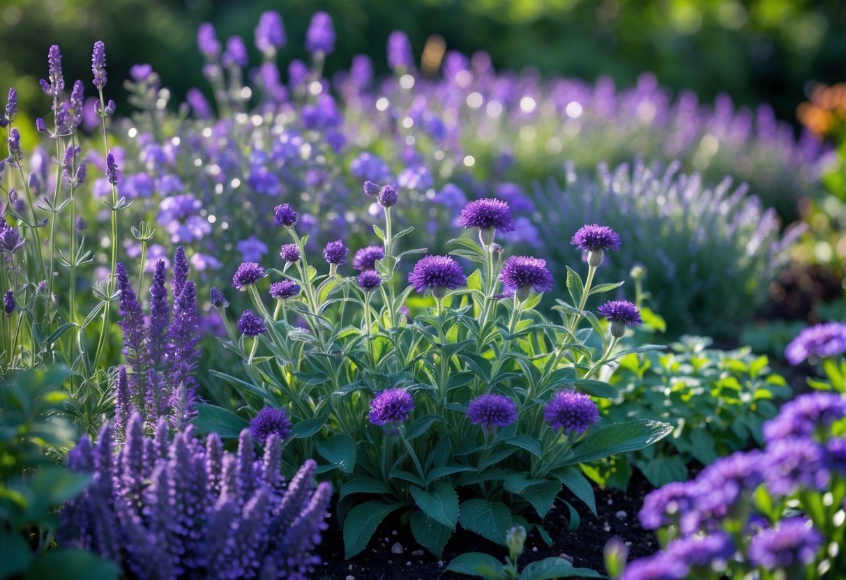 18+ Purple Flower Garden Ideas: Stunning Plants to Transform Your Outdoor Space 17 A lush garden bed filled with various purple flowers and aromatic herbs under natural sunlight.