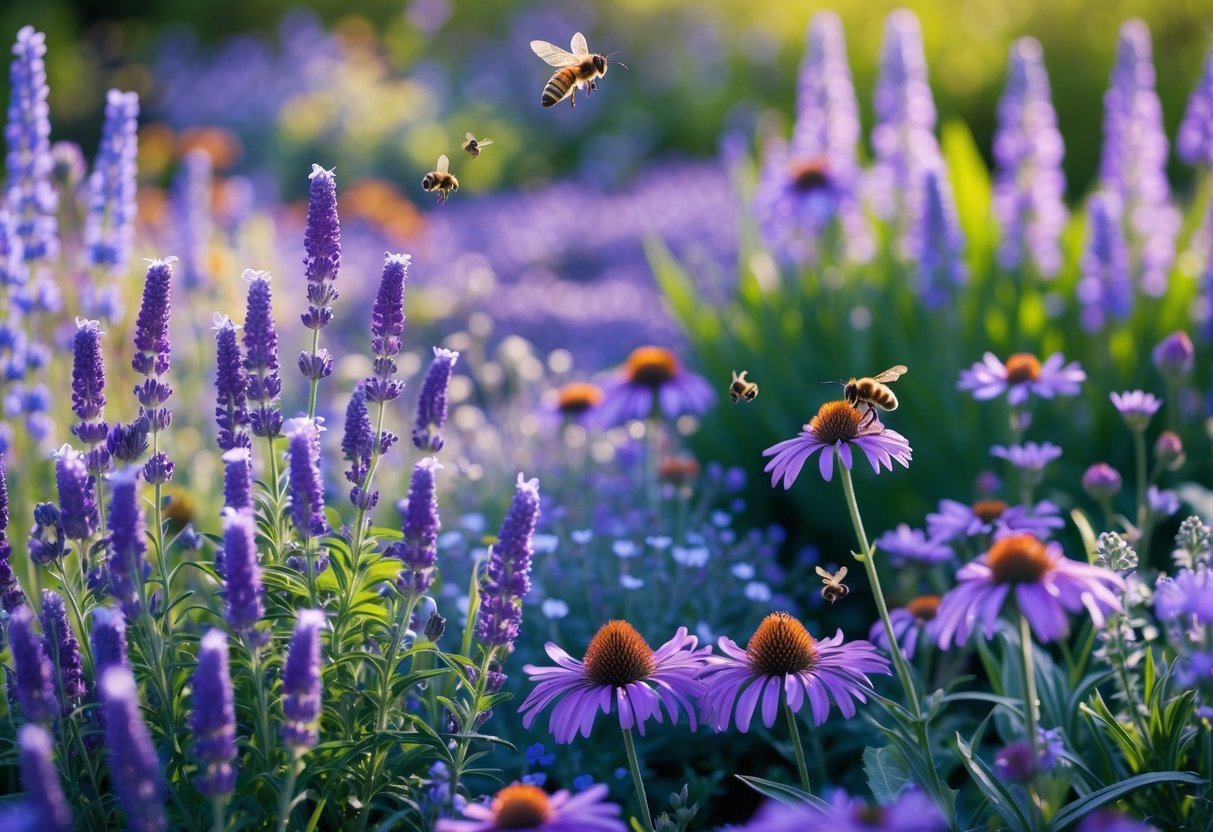 18+ Purple Flower Garden Ideas: Stunning Plants to Transform Your Outdoor Space 18 A garden filled with purple flowers and pollinators like bees and butterflies among green plants.