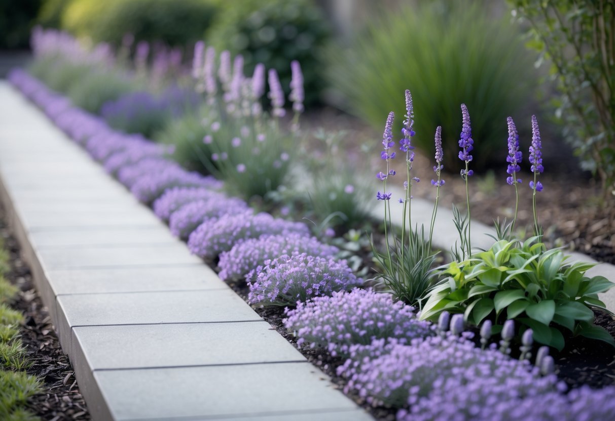 18+ Purple Flower Garden Ideas: Stunning Plants to Transform Your Outdoor Space 19 A garden border filled with various purple flowers along a clean pathway.