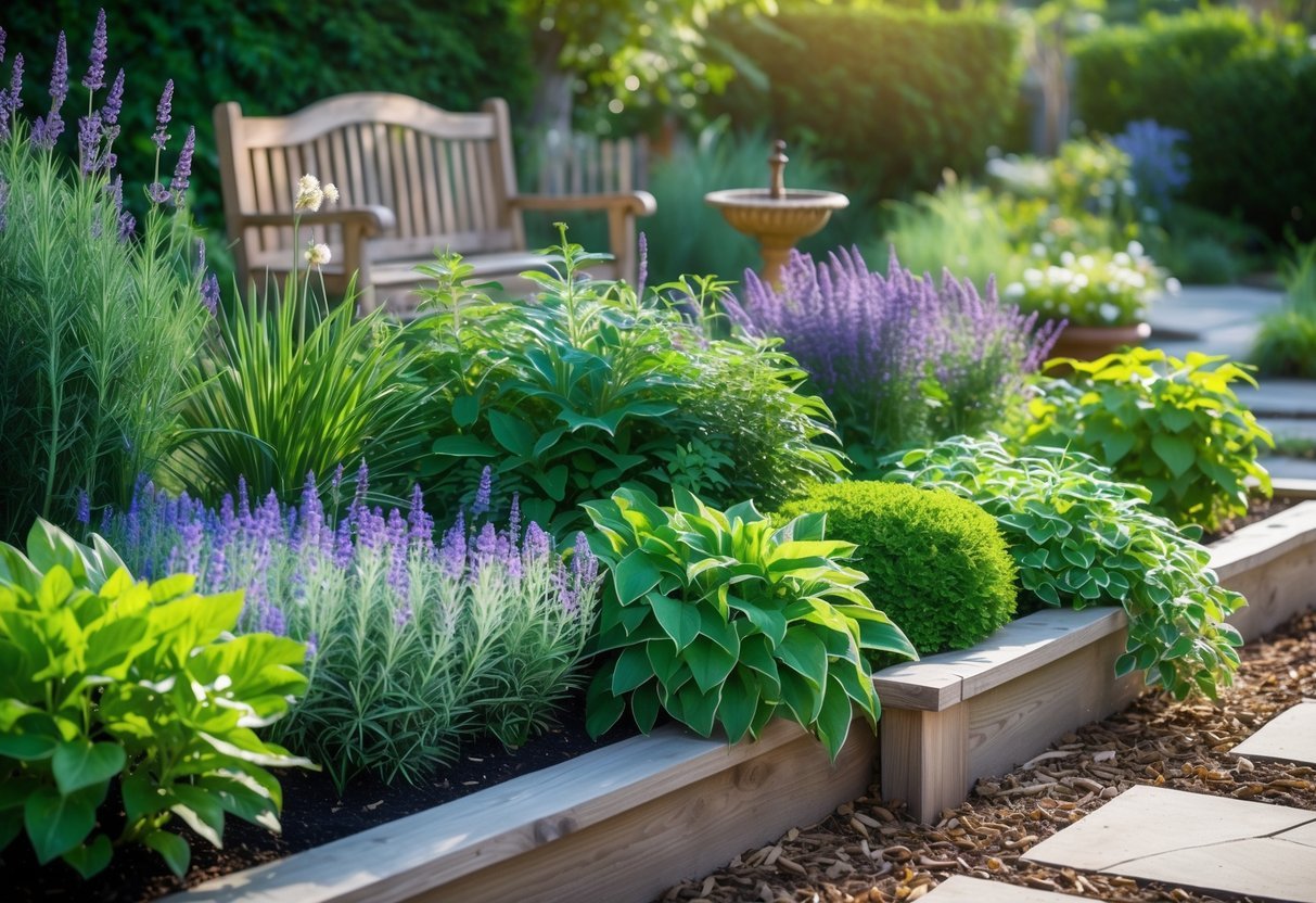 21+ Garden Ideas for Low Allergen Plants: Best Choices for a Healthy US Backyard 2 A sunlit garden with various green low allergen plants, stone pathways, a wooden bench, and a birdbath.