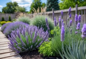 A lavender garden with rows of blooming lavender plants, green shrubs, and a wooden pathway under a clear sky.