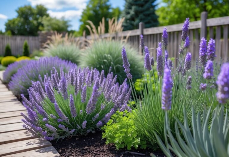 14 A lavender garden with rows of blooming lavender plants, green shrubs, and a wooden pathway under a clear sky.