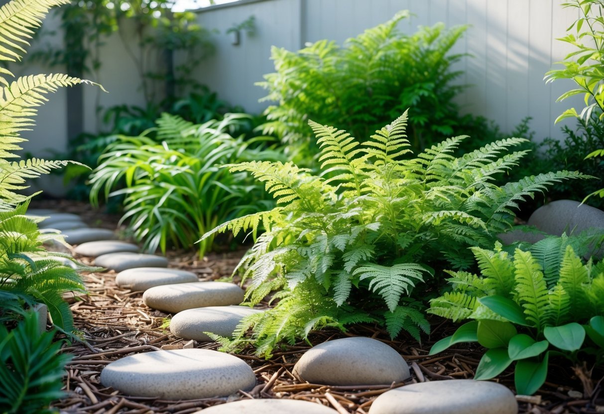 21+ Garden Ideas for Low Allergen Plants: Best Choices for a Healthy US Backyard 4 A garden area filled with green ferns and low allergen plants under soft sunlight.