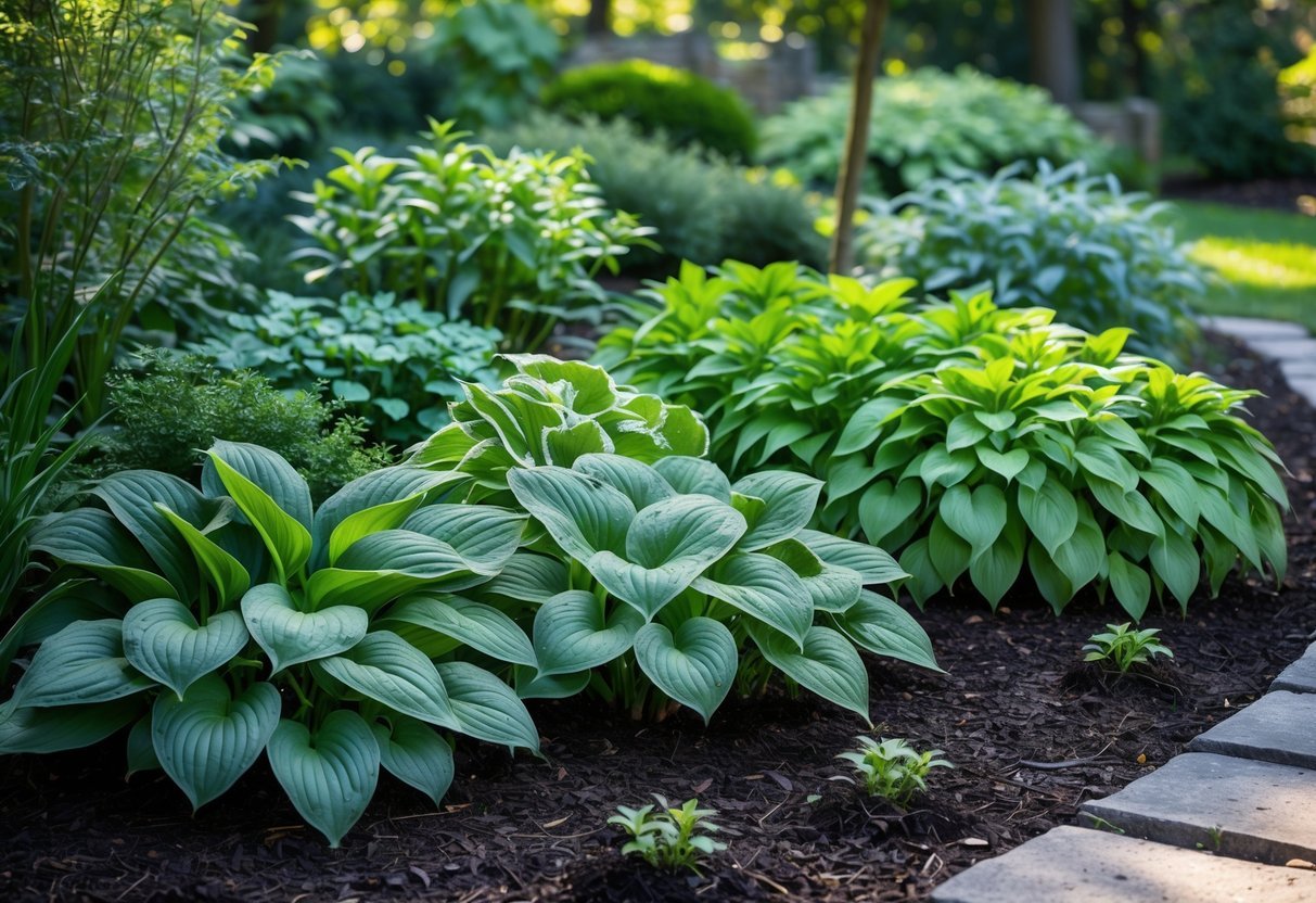 21+ Garden Ideas for Low Allergen Plants: Best Choices for a Healthy US Backyard 5 A garden with healthy green hosta plants and a stone path surrounded by other low allergen plants.