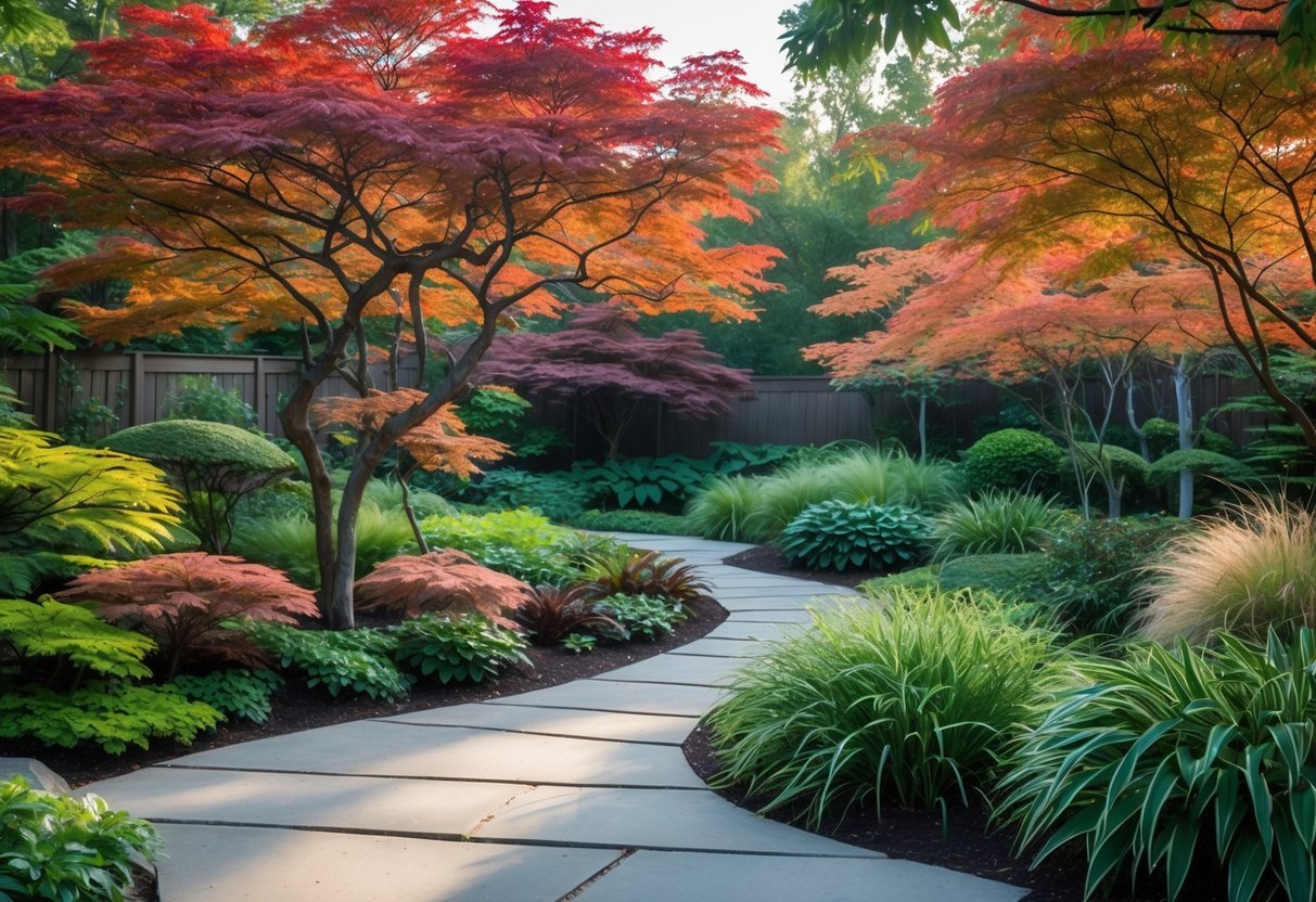 21+ Garden Ideas for Low Allergen Plants: Best Choices for a Healthy US Backyard 6 A Japanese Maple garden with red and orange trees surrounded by green low allergen plants and stone pathways under soft sunlight.