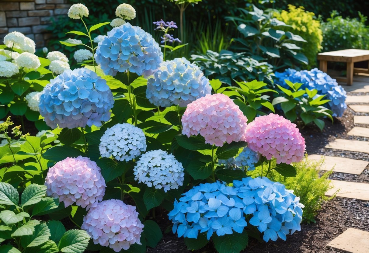 21+ Garden Ideas for Low Allergen Plants: Best Choices for a Healthy US Backyard 7 A sunlit garden with blooming hydrangea bushes in blue, pink, and white surrounded by green plants and a stone path.