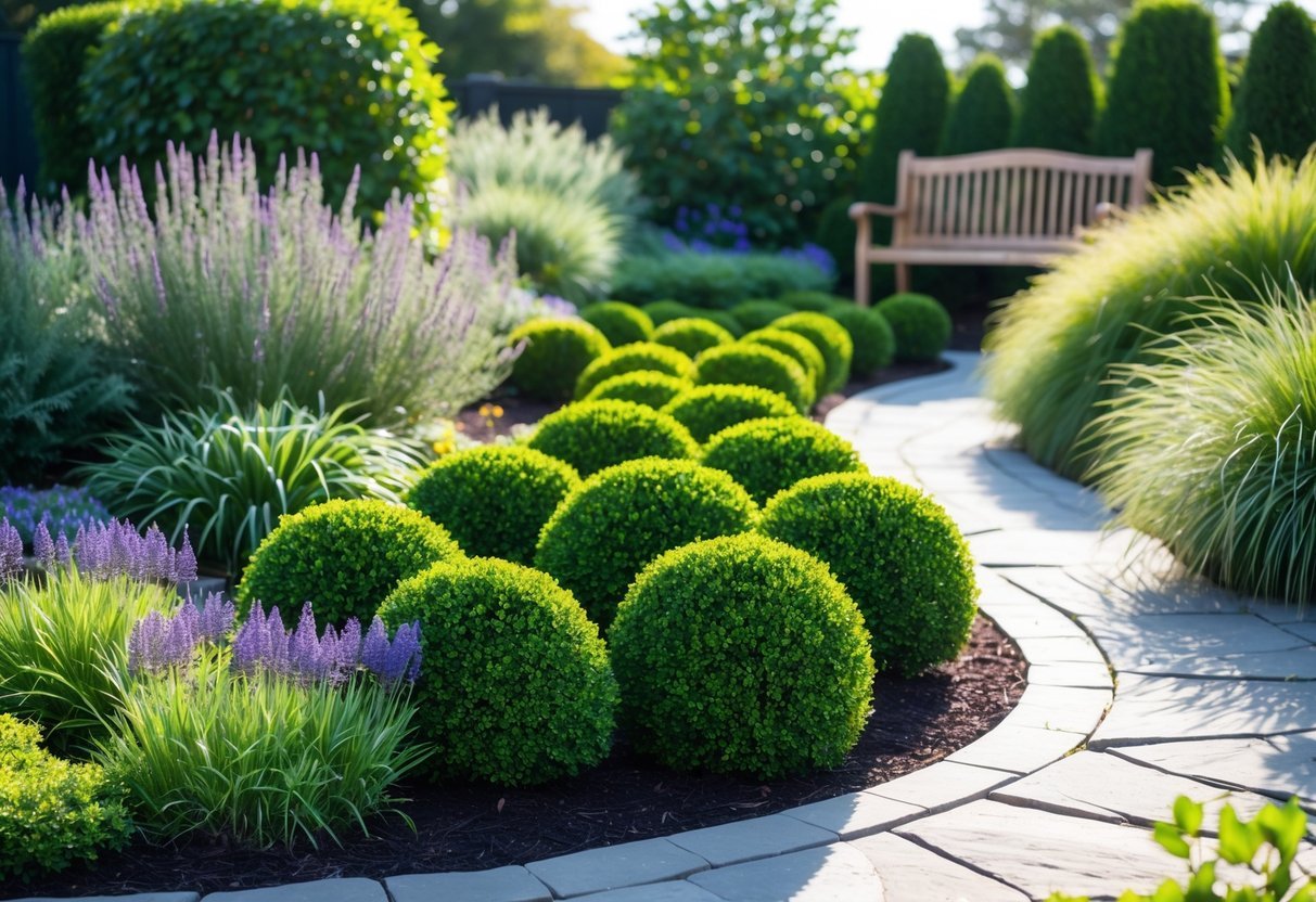 21+ Garden Ideas for Low Allergen Plants: Best Choices for a Healthy US Backyard 8 A garden with green boxwood shrubs, low allergen plants, a stone pathway, and a wooden bench under a clear sky.