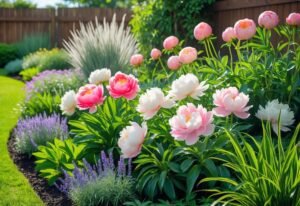 A garden with blooming peonies and low allergen plants under natural sunlight, featuring green foliage and a garden path.