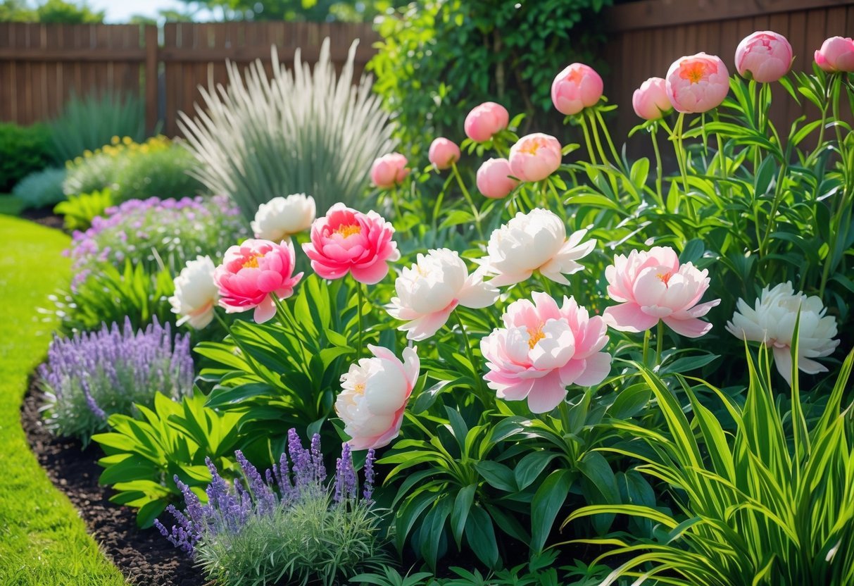 21+ Garden Ideas for Low Allergen Plants: Best Choices for a Healthy US Backyard 9 A garden with blooming peonies and low allergen plants under natural sunlight, featuring green foliage and a garden path.
