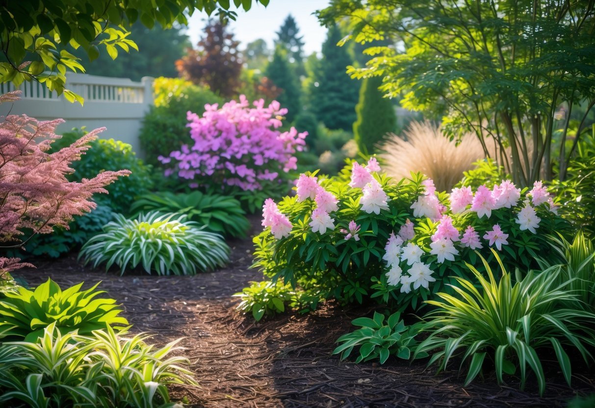 21+ Garden Ideas for Low Allergen Plants: Best Choices for a Healthy US Backyard 10 A bright garden with blooming azaleas and various low allergen plants surrounded by green foliage and garden pathways.