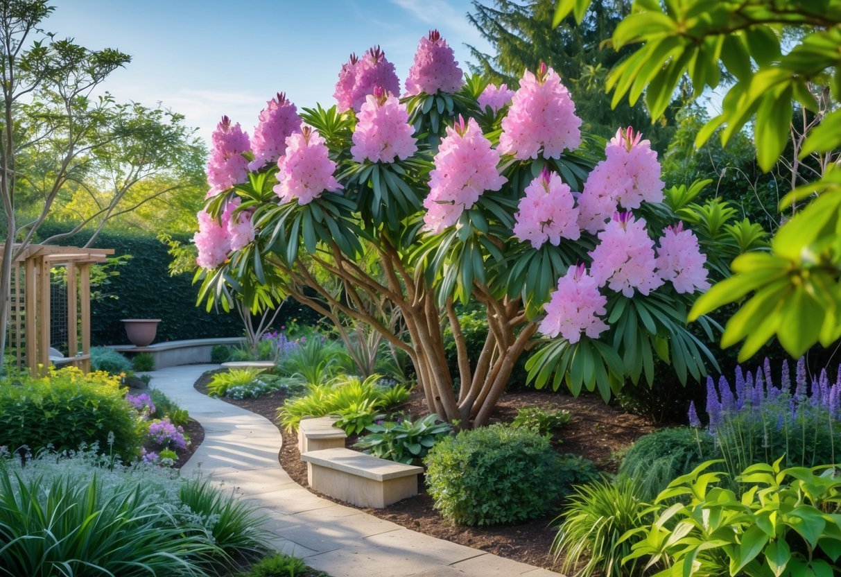 21+ Garden Ideas for Low Allergen Plants: Best Choices for a Healthy US Backyard 11 A garden with blooming rhododendrons and various low allergen plants under natural sunlight.