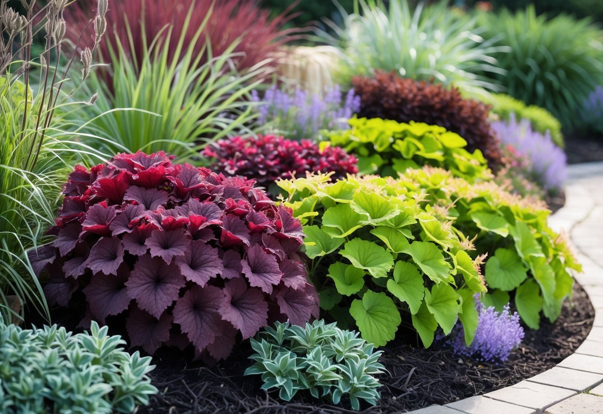 21+ Garden Ideas for Low Allergen Plants: Best Choices for a Healthy US Backyard 12 A garden bed with colorful Coral Bells plants and other low allergen greenery in natural sunlight.