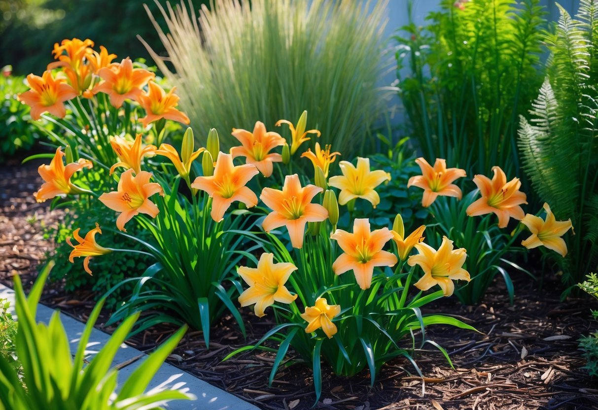 21+ Garden Ideas for Low Allergen Plants: Best Choices for a Healthy US Backyard 14 A sunlit garden with blooming orange and yellow daylilies surrounded by green foliage and other low allergen plants under a clear blue sky.