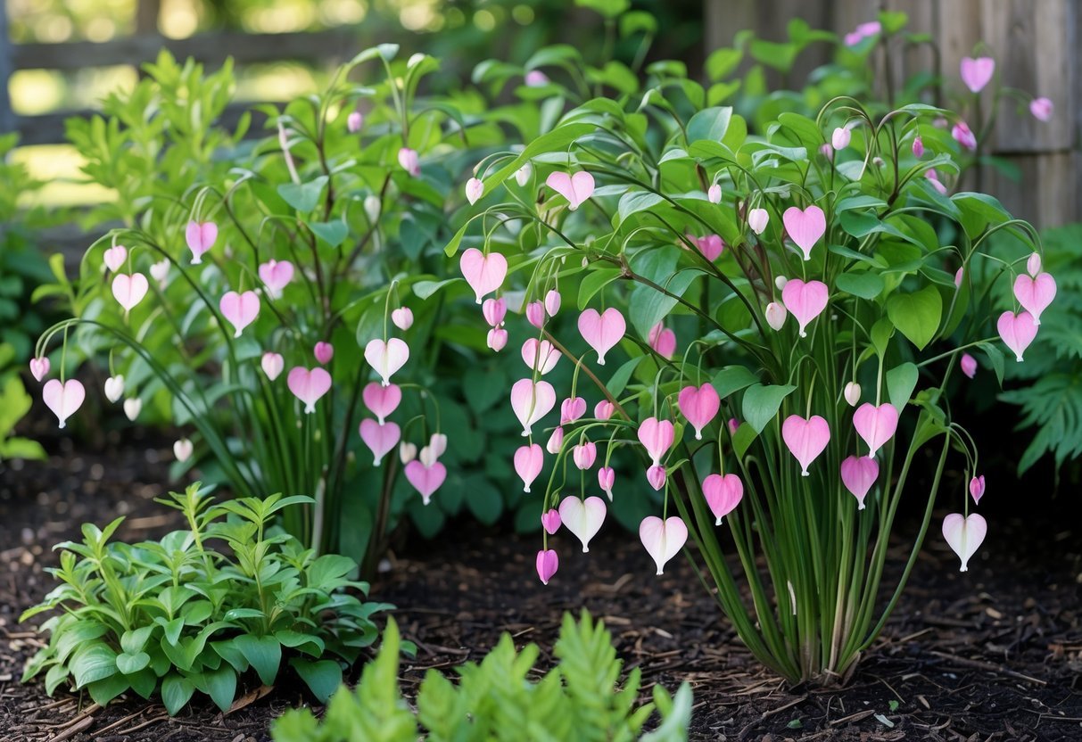 21+ Garden Ideas for Low Allergen Plants: Best Choices for a Healthy US Backyard 15 A garden with blooming pink and white bleeding heart flowers surrounded by green foliage and low allergen plants.