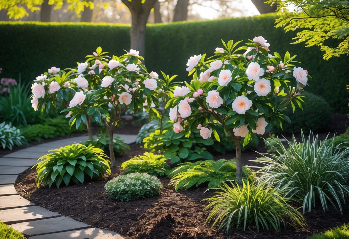 21+ Garden Ideas for Low Allergen Plants: Best Choices for a Healthy US Backyard 16 A garden with blooming camellia bushes surrounded by various green low allergen plants and a stone pathway under soft sunlight.