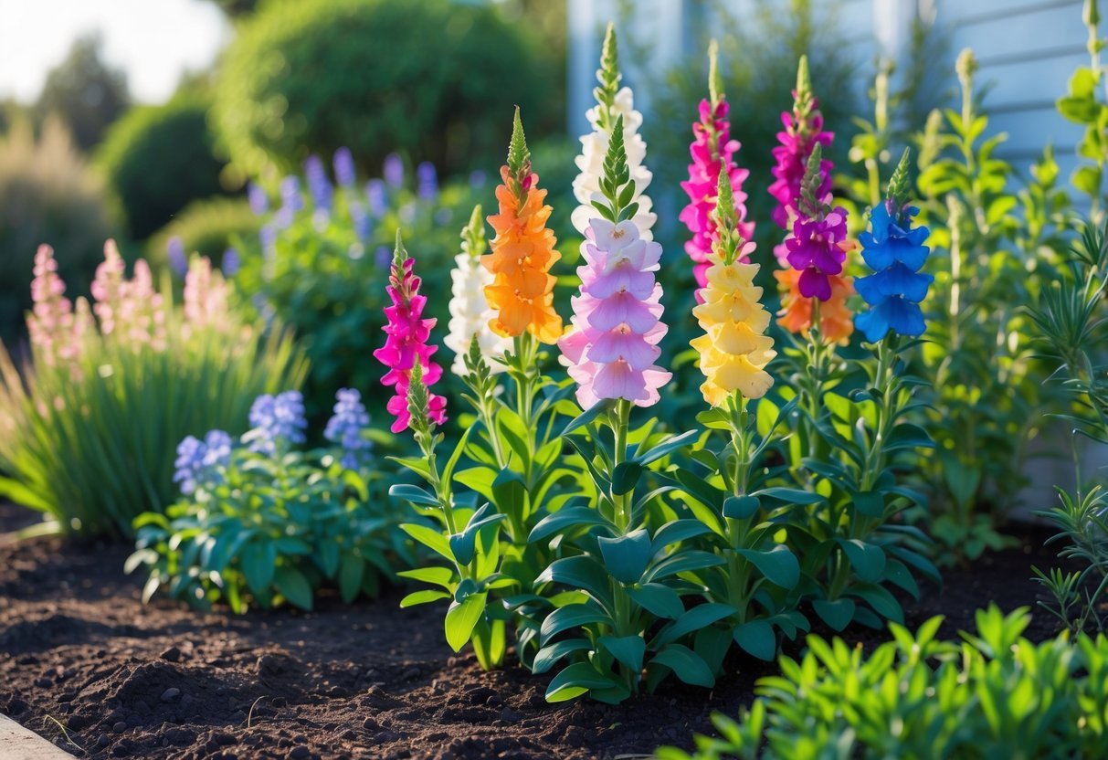 21+ Garden Ideas for Low Allergen Plants: Best Choices for a Healthy US Backyard 17 A garden bed filled with blooming colorful snapdragons and other green low allergen plants under a clear sky.