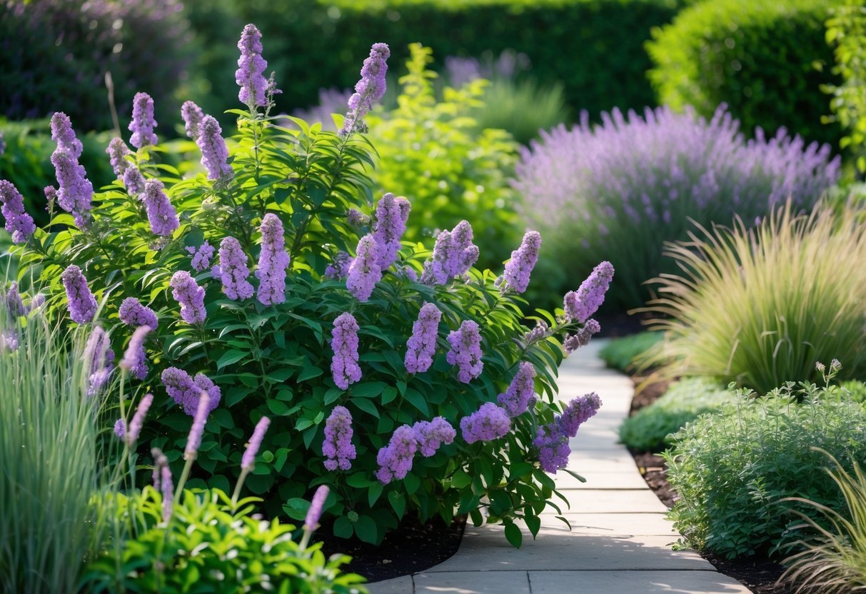21+ Garden Ideas for Low Allergen Plants: Best Choices for a Healthy US Backyard 18 A garden with blooming Butterfly Bush plants surrounded by green foliage and butterflies flying around.