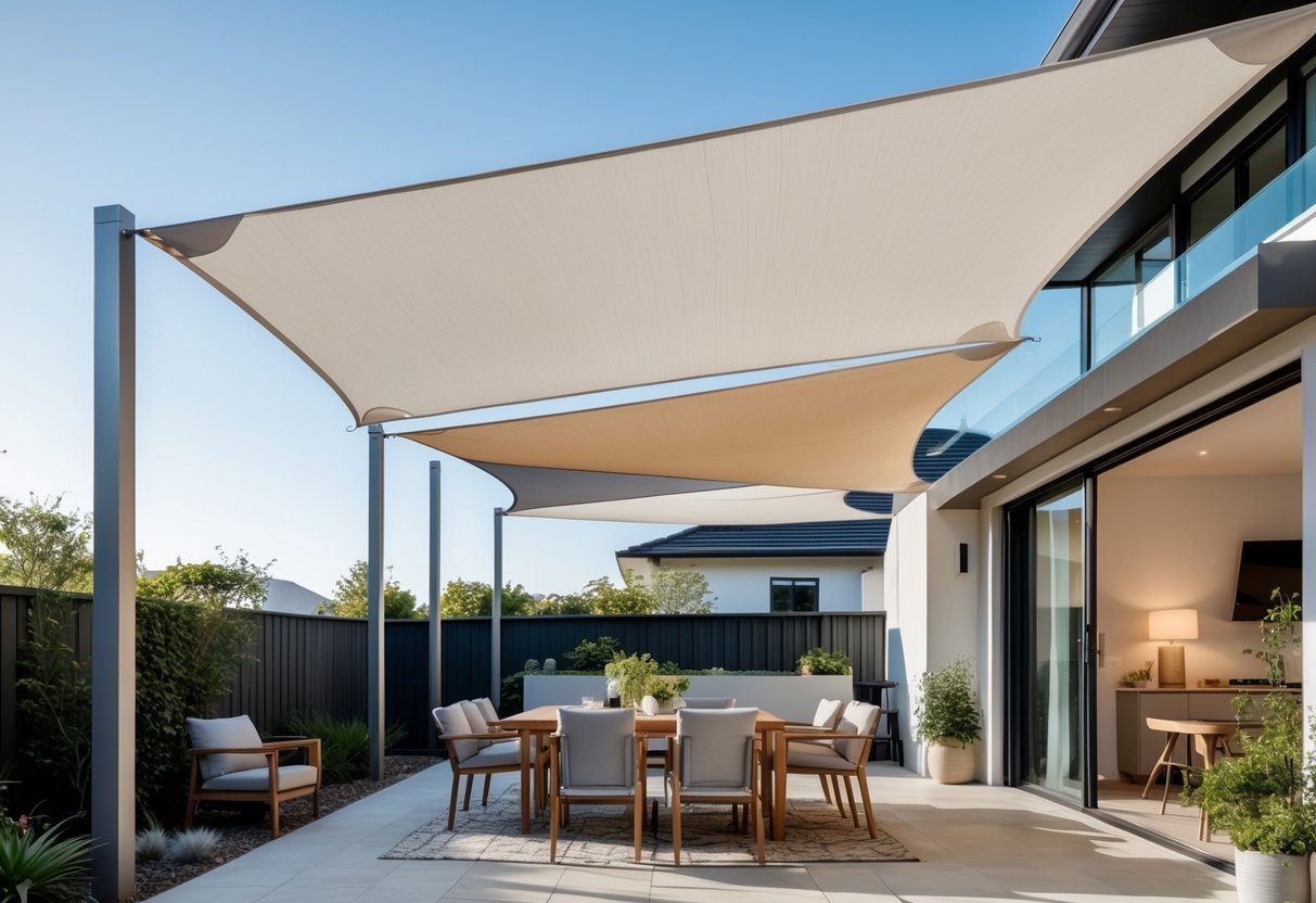 14+ Shade Sail Ideas to Transform Your Backyard This Summer 2 Outdoor patio with multiple fabric shade sails stretched over seating and dining areas in a backyard.