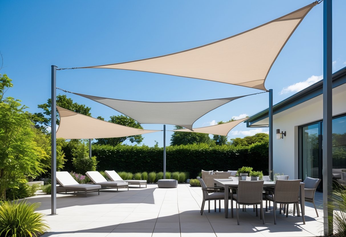 14+ Shade Sail Ideas to Transform Your Backyard This Summer 3 Outdoor patio area with triangular shade sails stretched over seating and dining furniture surrounded by greenery under a clear sky.