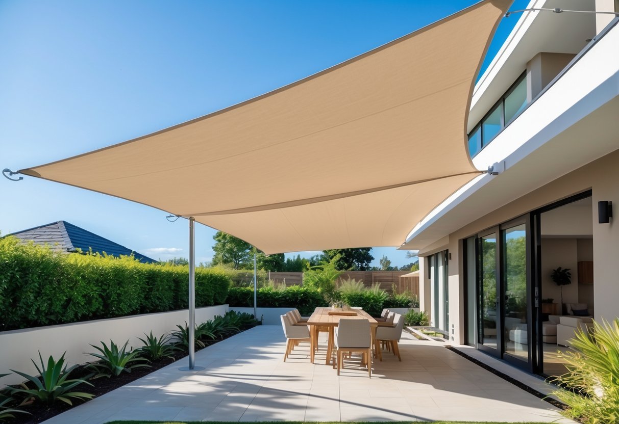 14+ Shade Sail Ideas to Transform Your Backyard This Summer 4 Outdoor patio with a rectangular shade sail stretched overhead, providing shade to a seating area surrounded by plants.
