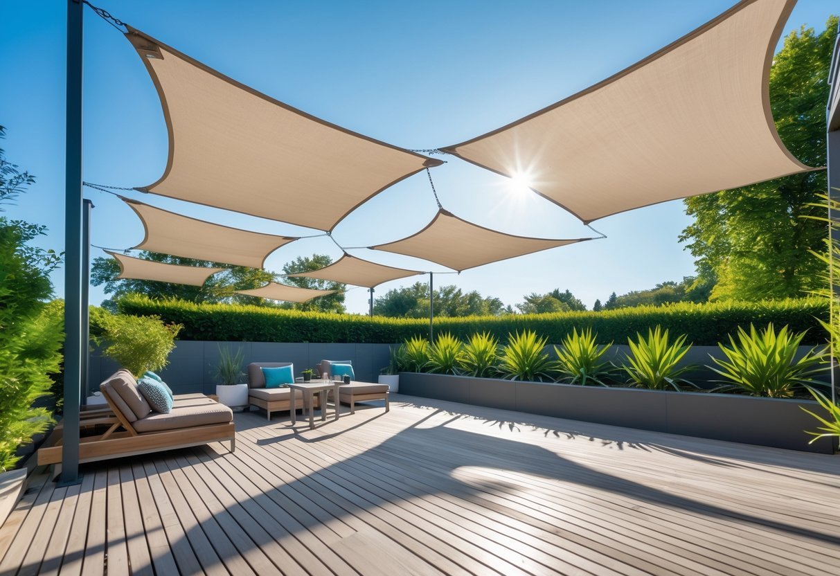 14+ Shade Sail Ideas to Transform Your Backyard This Summer 5 Outdoor patio with square shade sails providing shade over seating area surrounded by greenery.