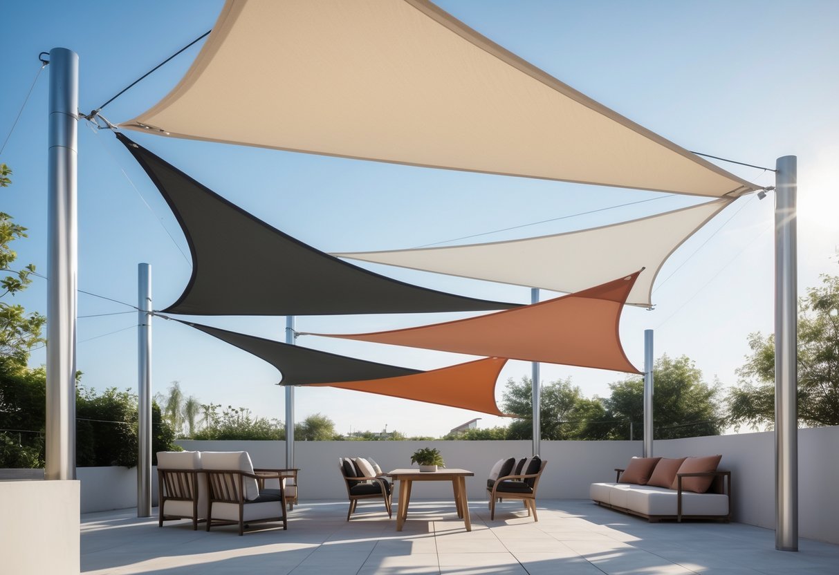 14+ Shade Sail Ideas to Transform Your Backyard This Summer 6 Outdoor patio with four overlapping shade sails in different colors stretched over a seating area, casting shadows on the ground under a clear blue sky.
