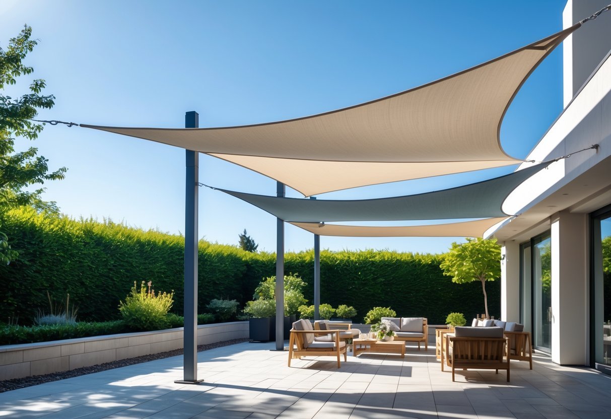 14+ Shade Sail Ideas to Transform Your Backyard This Summer 7 An outdoor patio with five cantilevered shade sails providing shade over wooden furniture and plants on a stone floor under a clear blue sky.