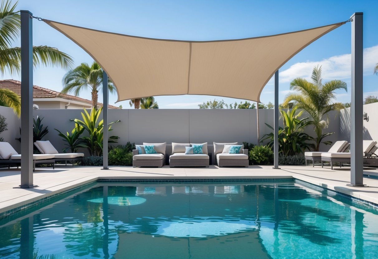 14+ Shade Sail Ideas to Transform Your Backyard This Summer 8 A backyard swimming pool with a large shade sail providing shade over lounge chairs beside the water.