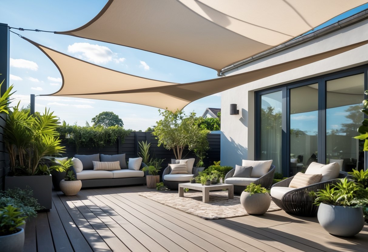 14+ Shade Sail Ideas to Transform Your Backyard This Summer 9 Outdoor patio with multiple shade sails providing shade over seating area surrounded by plants and a wooden deck.