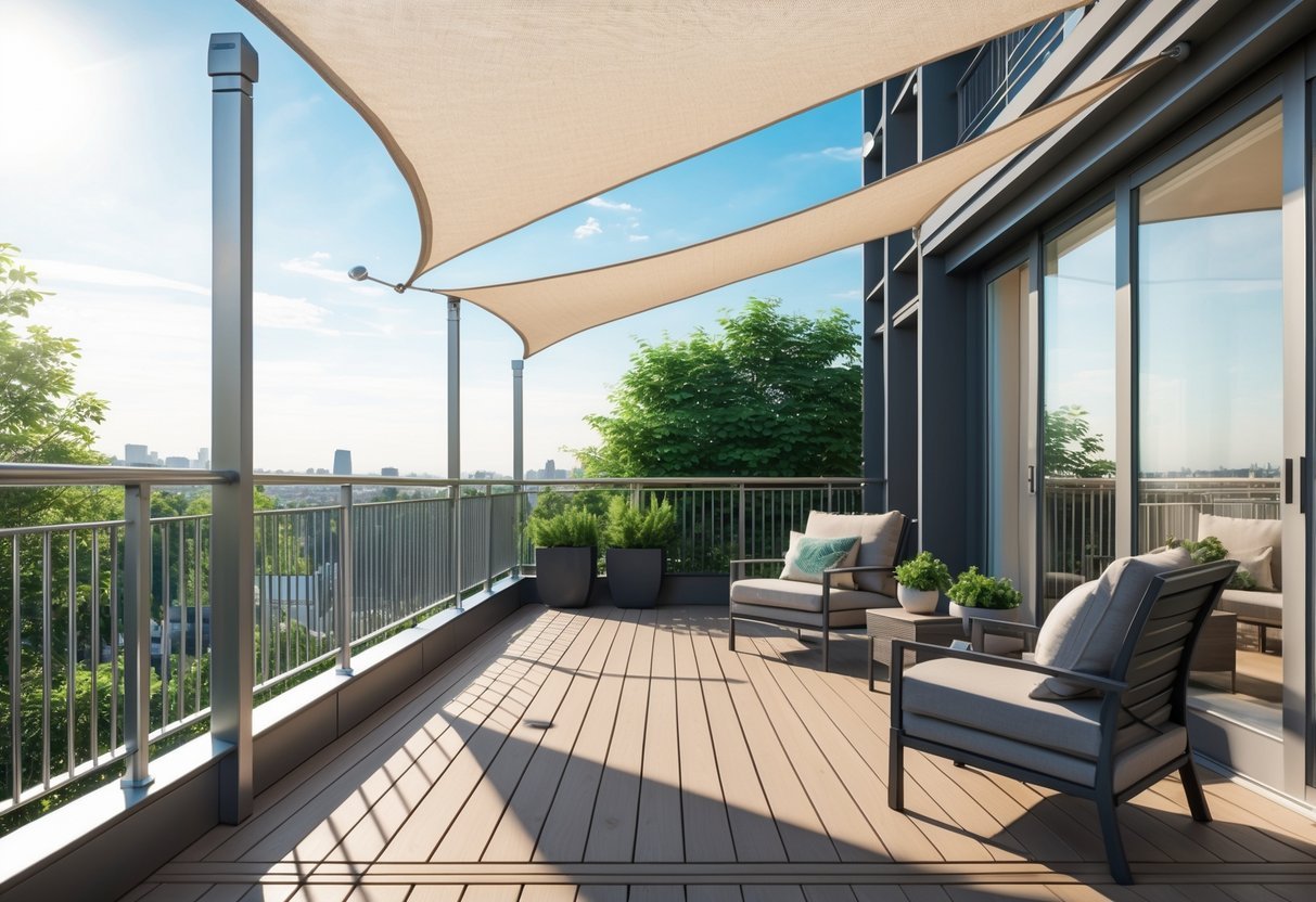 14+ Shade Sail Ideas to Transform Your Backyard This Summer 10 A balcony with a triangular shade sail stretched above outdoor furniture, overlooking a cityscape.
